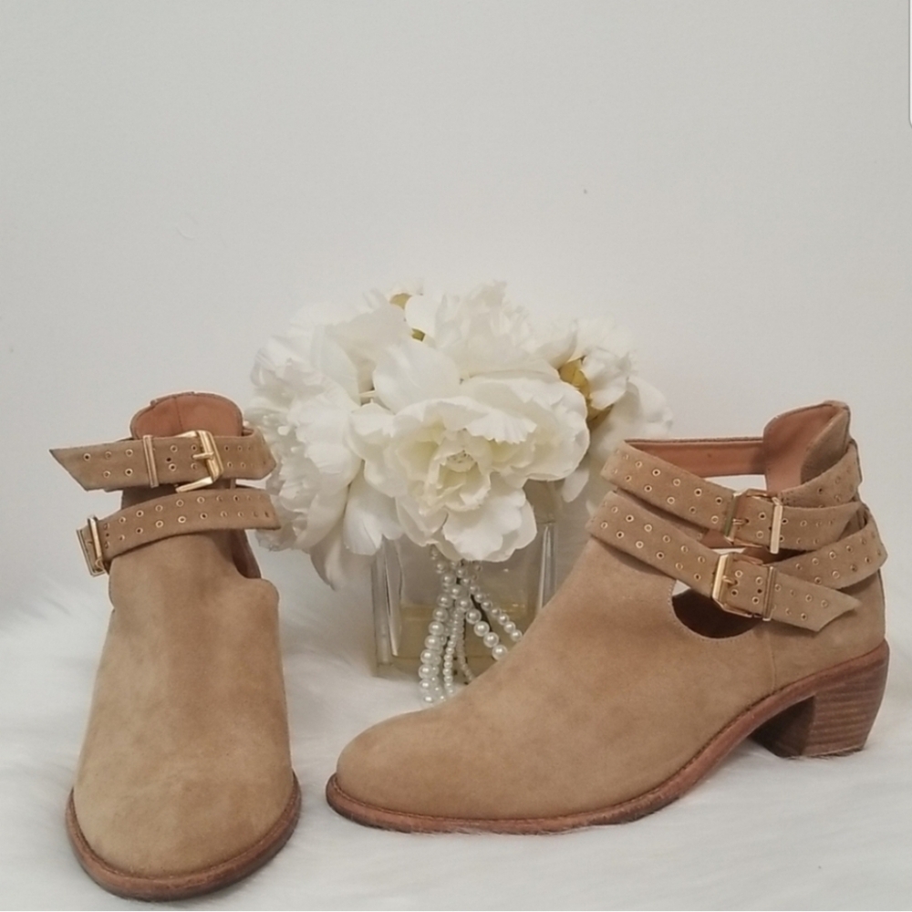 NEW TED&MUFFY Tan Leather Boots Strappy Ankle Booties NWOB